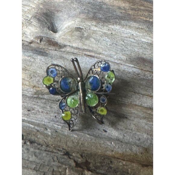 Antique 800 Silver Enamel And Filigree Butterfly Brooch Pin - Picture 4 of 6